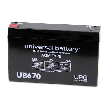 Upg Sealed Lead Acid Battery, 6 V, 7Ah, UB670, F1 Faston Tab Terminal, AGM Type D5734